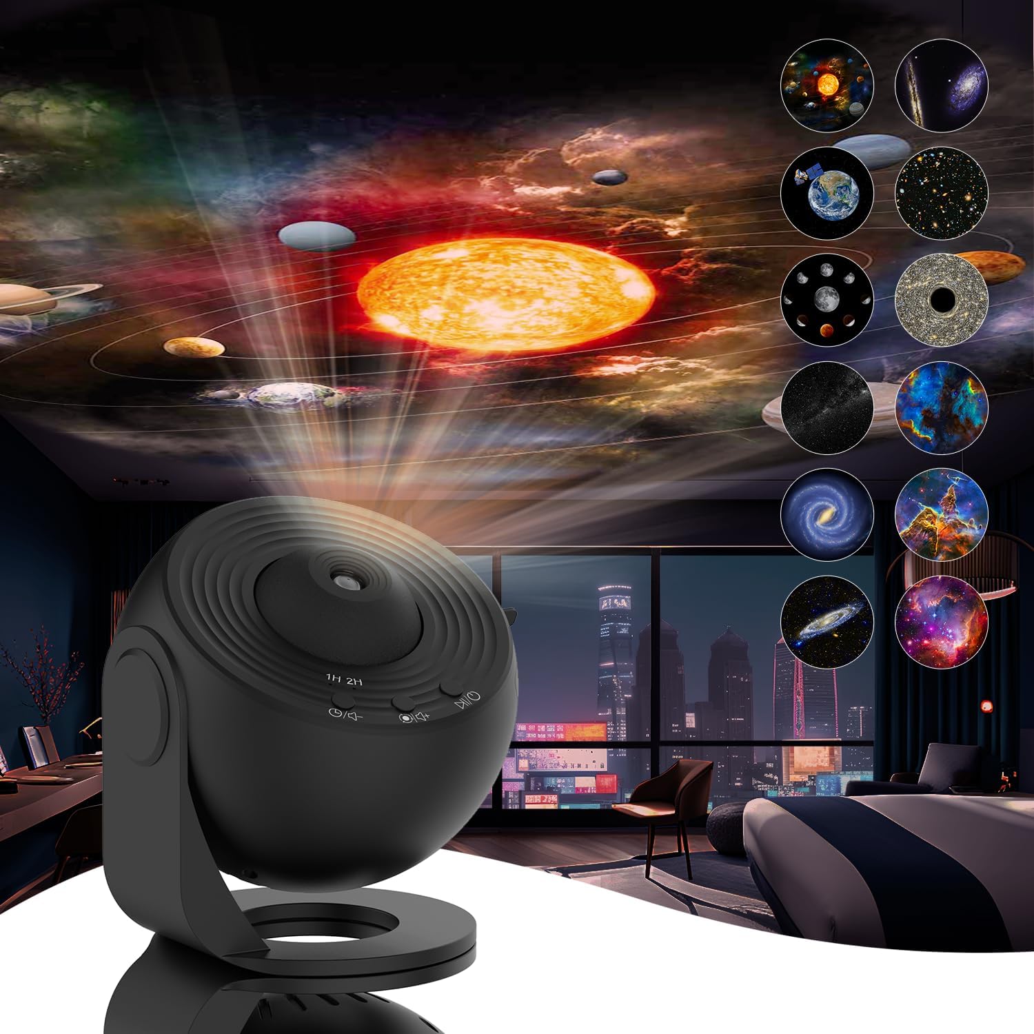 Tuzwa Galaxy Projector – 12 Film Discs, 360° Rotating Star & Planet Projector with Manual Focus and 1/2/4-Hour Timer