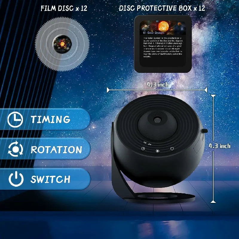 Tuzwa Galaxy Projector – 12 Film Discs, 360° Rotating Star & Planet Projector with Manual Focus and 1/2/4-Hour Timer