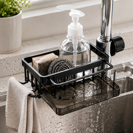 Sponge Holder for Kitchen Sink, Hook On Kitchen Sink Caddy for Soap and Brush, Fast Drain Aluminum Sink Organizer