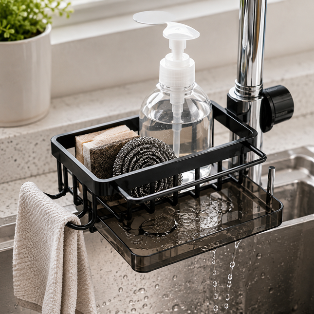 Sponge Holder for Kitchen Sink, Hook On Kitchen Sink Caddy for Soap and Brush, Fast Drain Aluminum Sink Organizer