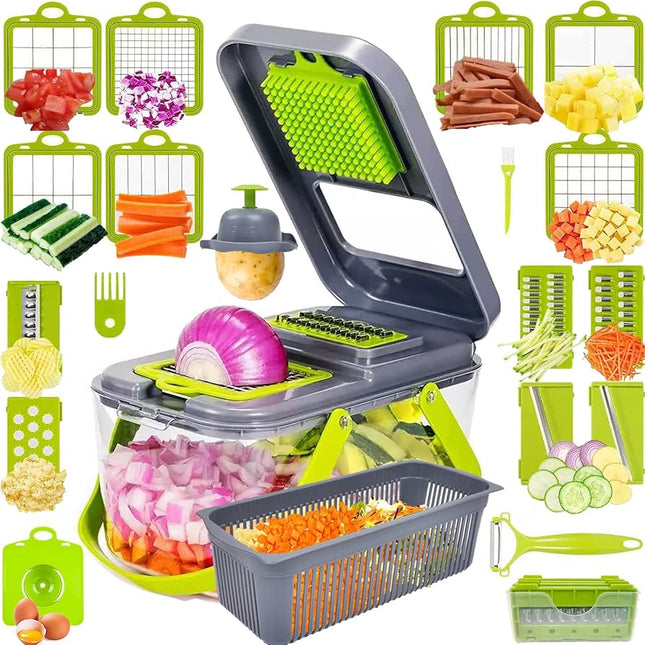 Vegetable Chopper 18 in 1, Vegetable Slicer with Container and Hand Guard, Manual Food Chopper, Cheese Grater