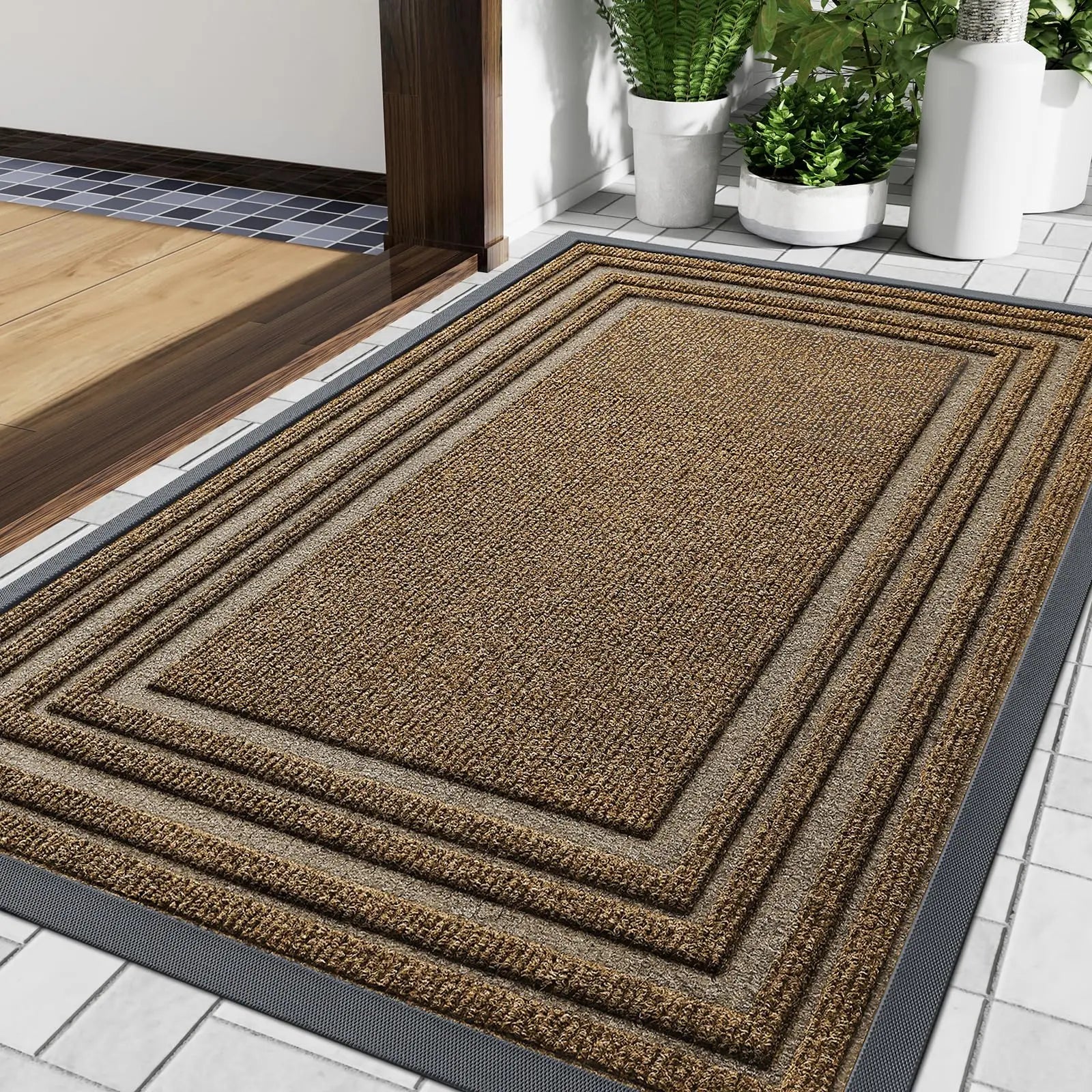 Layered Jute Border Area Rug with Anti-Slip Backing | Versatile Outdoor and Indoor Use 0