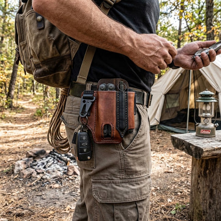 Leather Belt Bag, Leather Tool Pouch with Multi Tool and Knife Slots, Tactical Waist Bag for Hunting, Camping and Riding