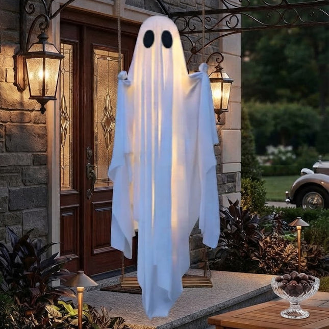 Lighted Ghost Halloween Decoration Outdoor, Swing Ghost Decoration with LED String Lights, Halloween Yard Decoration