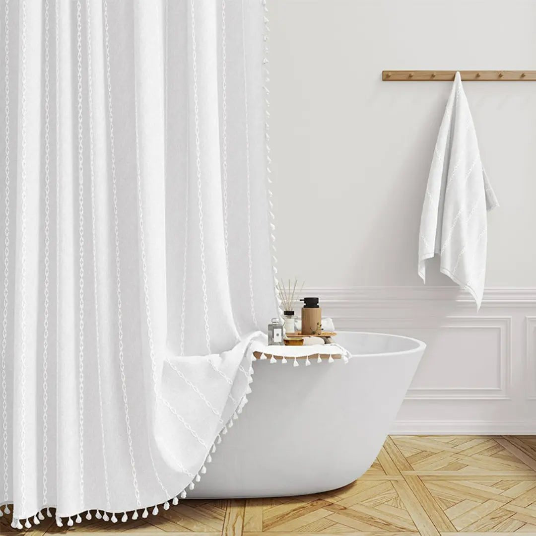 LinenCove | Linen Shower Curtain with Waterproof Coating & Tassels | Elegant Bathroom Accent for Bohemian Style 6
