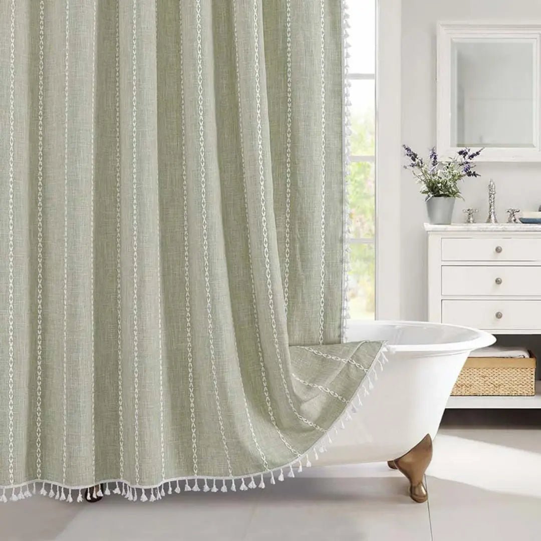 LinenCove | Linen Shower Curtain with Waterproof Coating & Tassels | Elegant Bathroom Accent for Bohemian Style 7