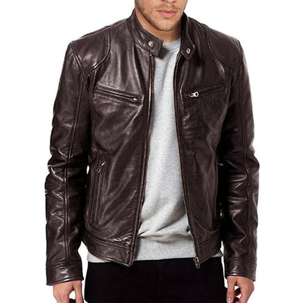 Black Leather Jacket, Vintage Leather Motorcycle Jacket with High Button Collar