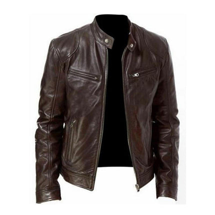 Vintage Leather Motorcycle Jacket with High Button Collar, Black Leather Jacket – image 5