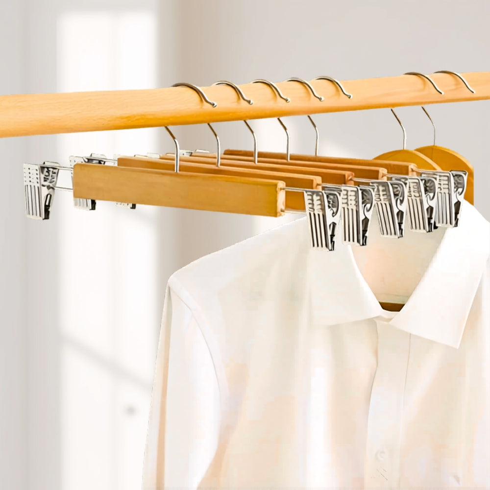 Maxwell | Premium Wooden Pants Hangers with Strong Clips | 10-Piece Set for Neat Wardrobe Organization 0