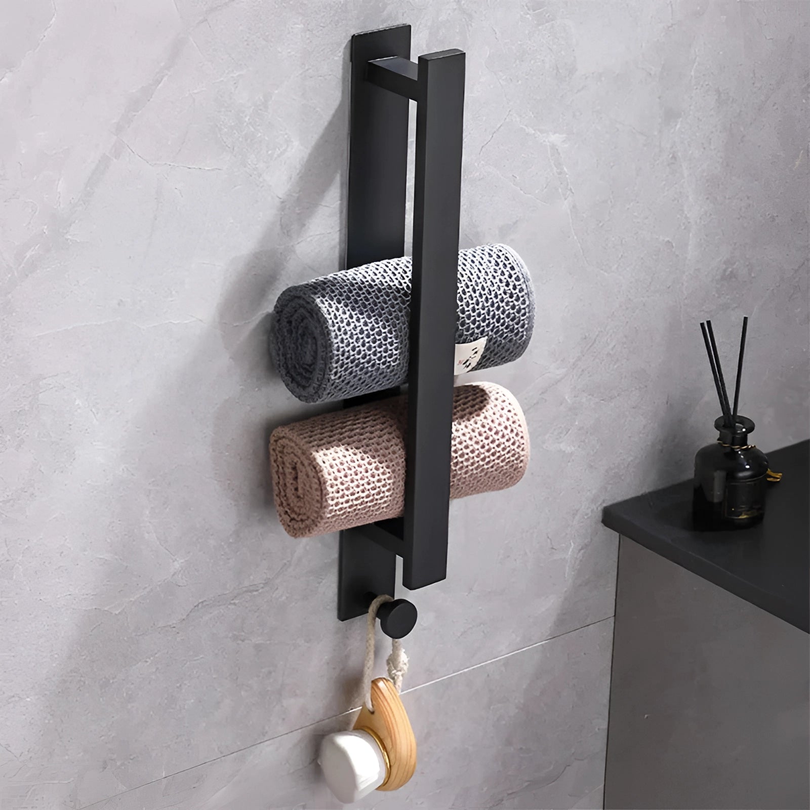 Modern Black Towel Rack with No-Drill Installation | Space-Saving Solution for Bathrooms 0