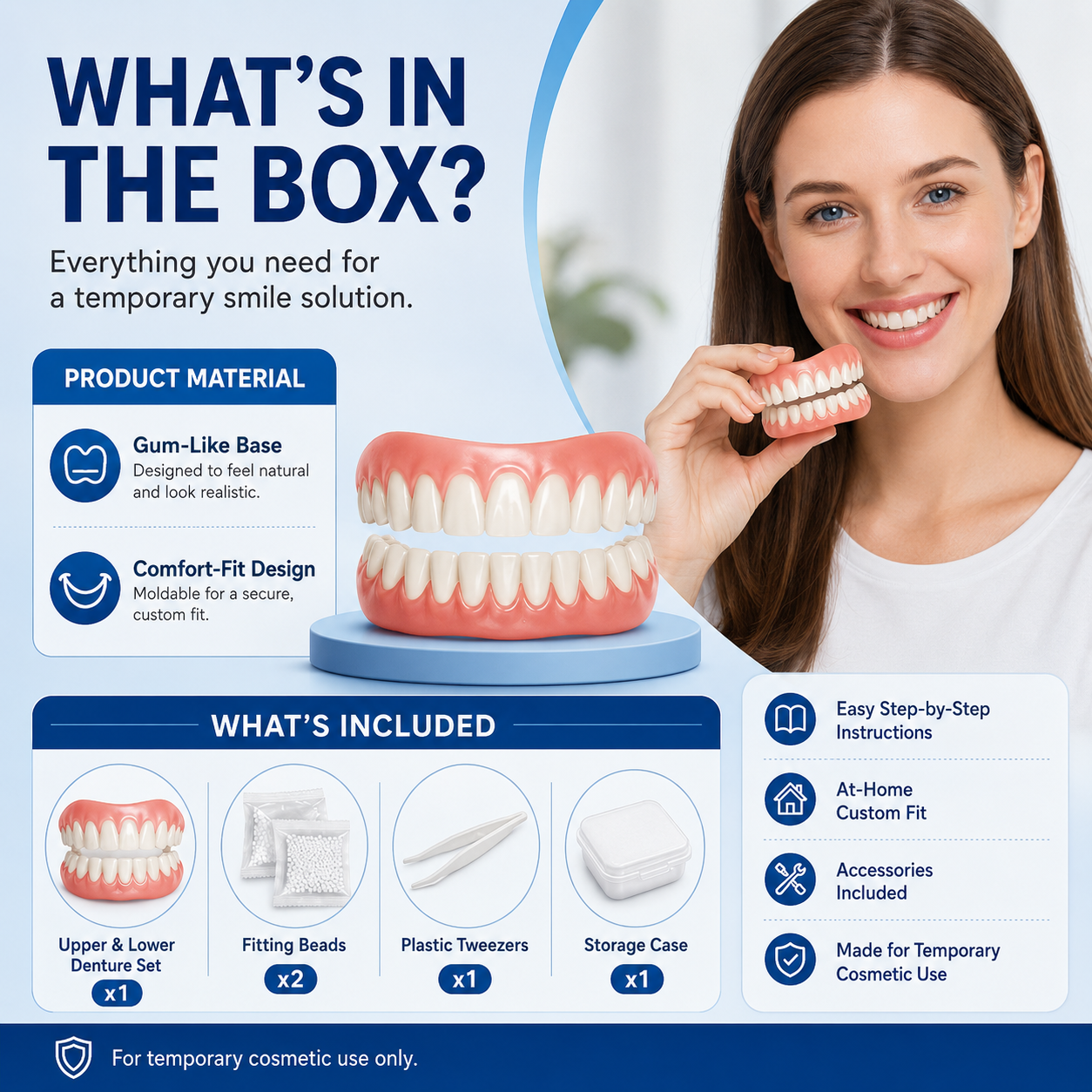 Moldable False Teeth Set | Temporary Dentures with Custom Fit | Instant Smile Transformation for Confidence 3