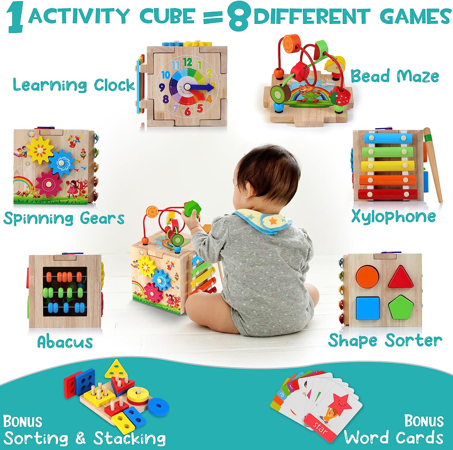 Montessori Activity Cube | 8-in-1 Educational Wooden Toy for Skill Development 4