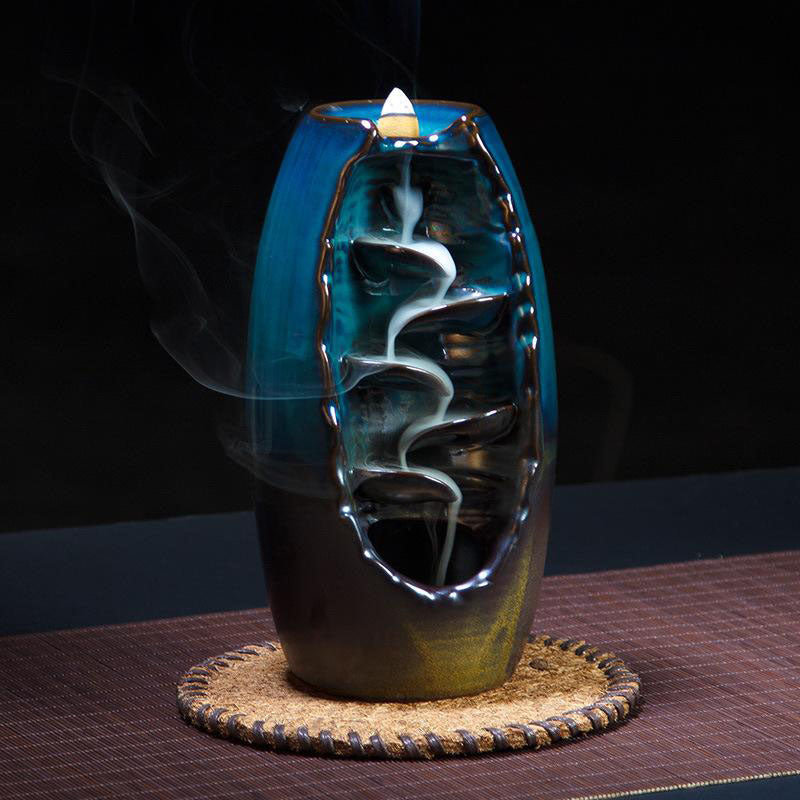 Tuzwa Ceramic Backflow Incense Burner – Smoke Waterfall Incense Holder with 50 Cones, Mountain River Design