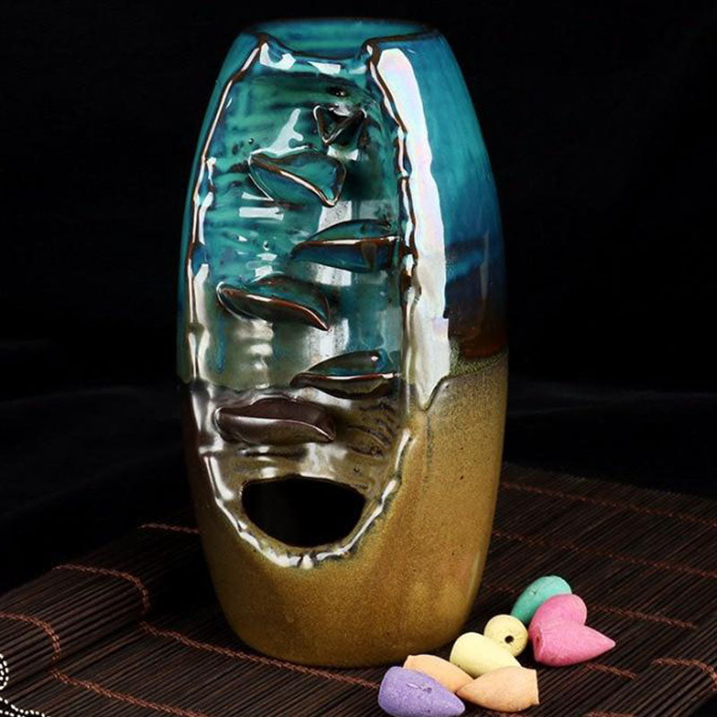 Tuzwa Ceramic Backflow Incense Burner – Smoke Waterfall Incense Holder with 50 Cones, Mountain River Design