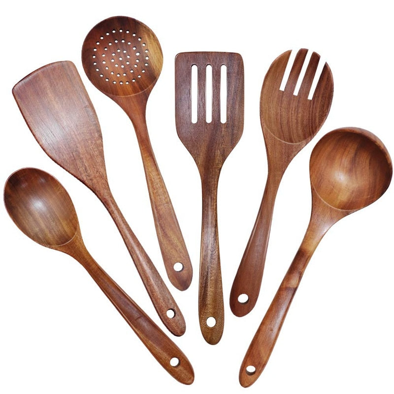 Natural Teak Wood Kitchen Utensil Set with 8 Essential Tools for Effortless Cooking 0