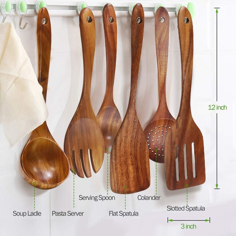 Natural Teak Wood Kitchen Utensil Set with 8 Essential Tools for Effortless Cooking 4