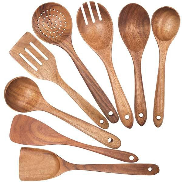 Natural Teak Wood Kitchen Utensil Set with 8 Essential Tools for Effortless Cooking 5