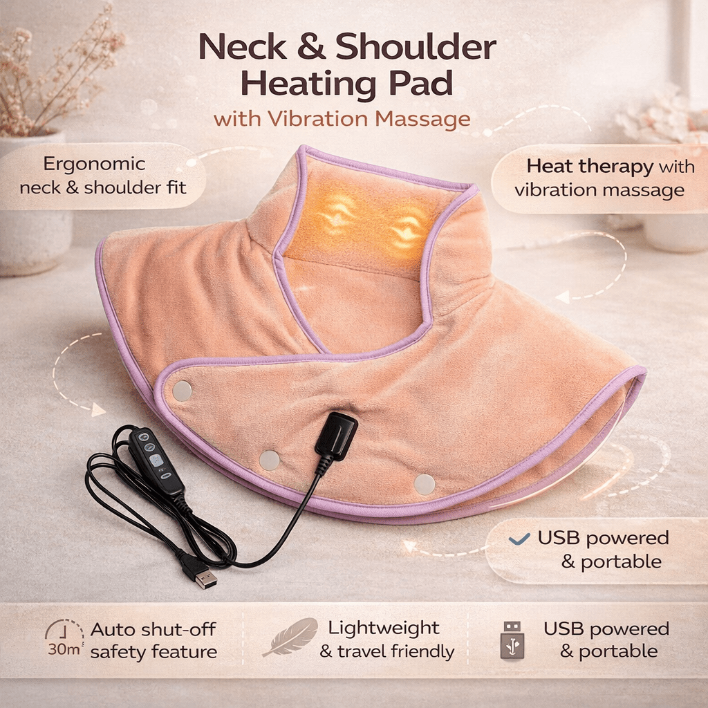 Tuzwa Neck & Shoulder Heating Pad – 3 Heat Levels, Vibration Massage, Carbon Fiber Heating, Auto Shutoff & Lightweight 5V 10W Design