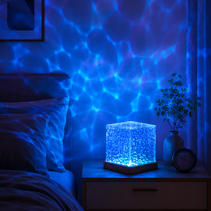 Water Ripple Projector Night Light with 16 Colors, Remote Control, Six Brightness Levels, Wood and Acrylic Mood Lamp