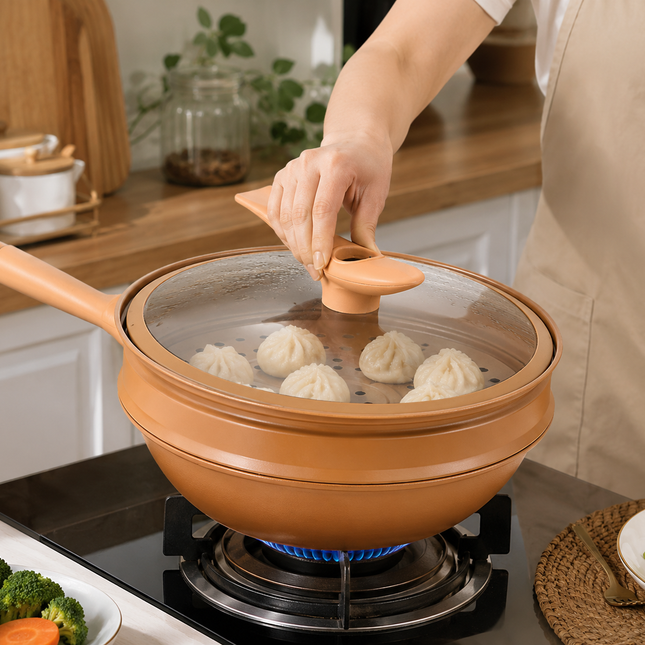 Wok for Stir Fry and Steaming, Nonstick Wok Pan with Micropressure Seal and Steamer Basket, Gas and Induction Wok Cooker