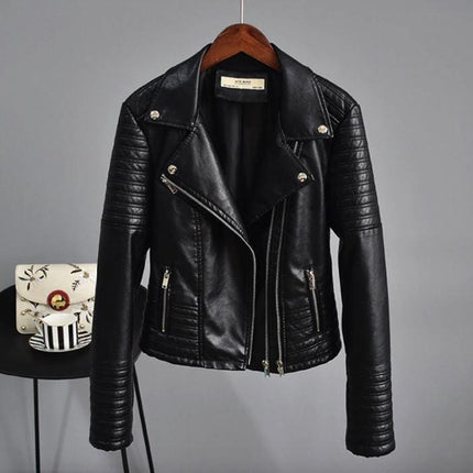 Faux Leather Jacket with Turn Down Collar, Leather Motorcycle Jacket, Biker Moto Jacket for Spring and Fall