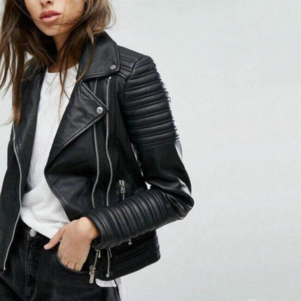 Faux Leather Jacket with Turn Down Collar, Biker Moto Jacket for Spring and Fall