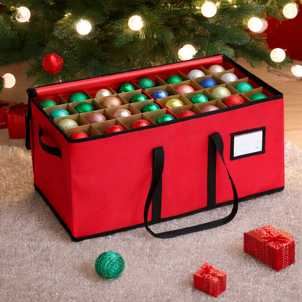 Ornament Storage Box | Stackable Fabric Organizer with Adjustable Dividers for Safe Holiday Decoration Storage 0