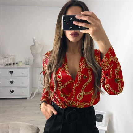 Vintage Printed Bodysuit for Women, Long Sleeve Premium Polyester Jersey Body in Red, Black and Beige, Sizes S to XL