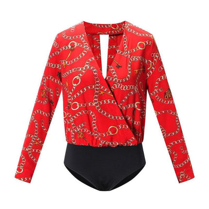 Vintage Printed Bodysuit for Women, Long Sleeve Premium Polyester Jersey Body in Red, Black and Beige, Sizes S to XL