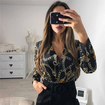 Vintage Printed Bodysuit for Women, Long Sleeve Premium Polyester Jersey Body in Red, Black and Beige, Sizes S to XL