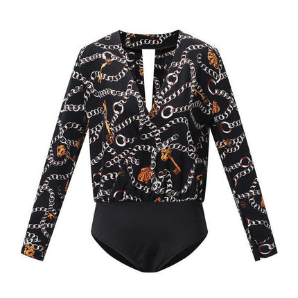 Vintage Printed Bodysuit for Women, Long Sleeve Premium Polyester Jersey Body in Red, Black and Beige, Sizes S to XL