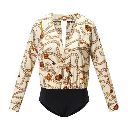 Vintage Printed Bodysuit for Women, Long Sleeve Premium Polyester Jersey Body in Red, Black and Beige, Sizes S to XL