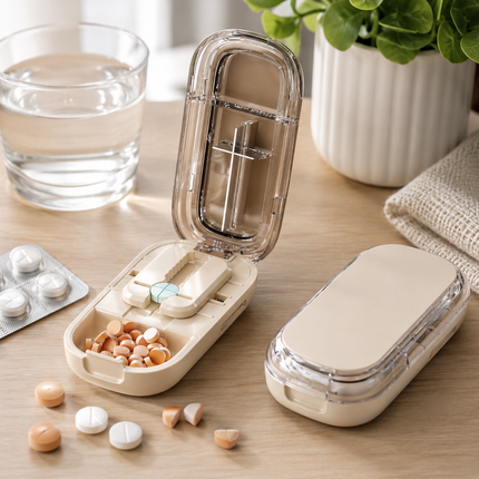 Portable Pill Cutter with Stainless Steel Blade, Adjustable Centering Slot and Built In Storage, Compact Tablet Splitter for Travel