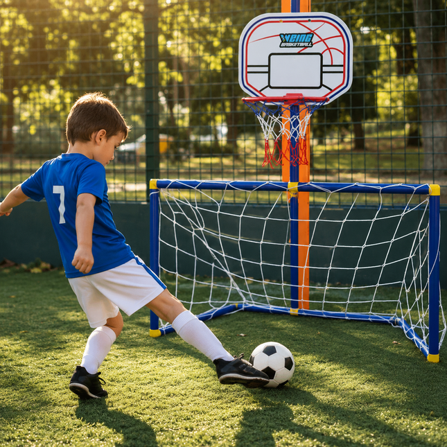 Portable Basketball Hoop, Kids Soccer Goal Set, 2 in 1 Outdoor Sports Toy, Backyard Kids Toys for Active Play