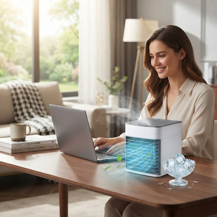 Mini Air Conditioner, Small Portable Cooler with Ice Tray and USB Fan, Quiet Air Conditioner for Bedroom and Office
