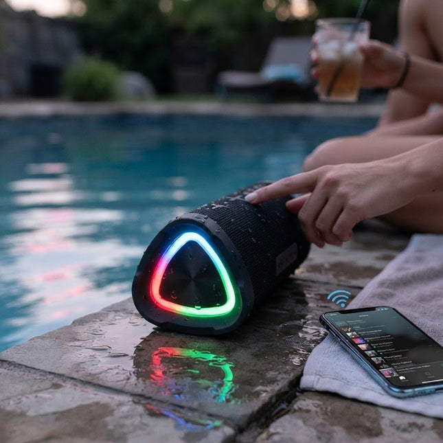 Portable Bluetooth Speaker with RGB Lights, Waterproof Bluetooth Speaker with Mic, Portable Wireless Speaker for Stereo