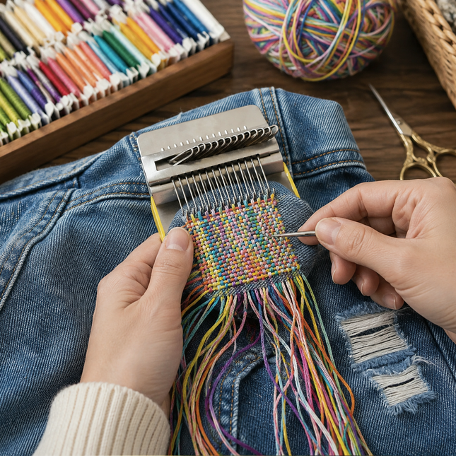 Weaving Tool Set for Visible Mending and Patchwork, Portable Darning Loom Kit with Crochet Needle, Sewing Needle and Guide
