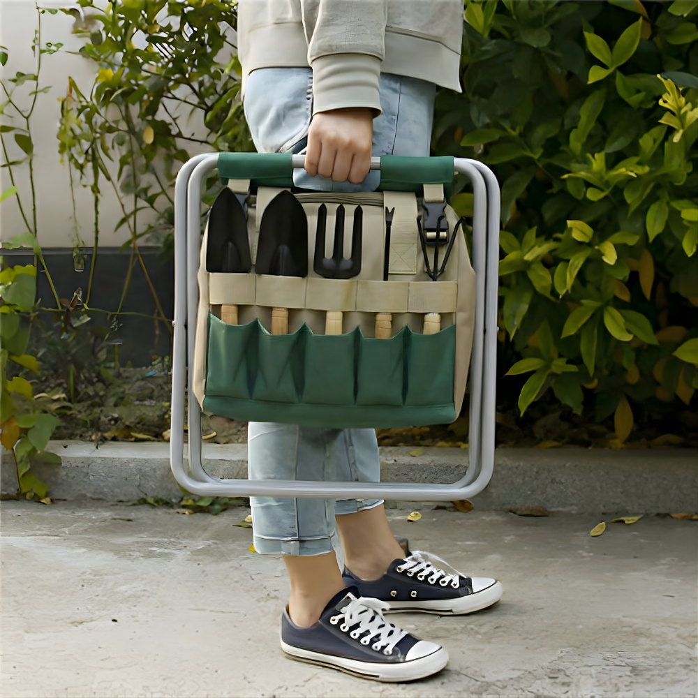 Portable Garden Tool Set with Folding Stool | Essential Tools for Comfortable Gardening 0