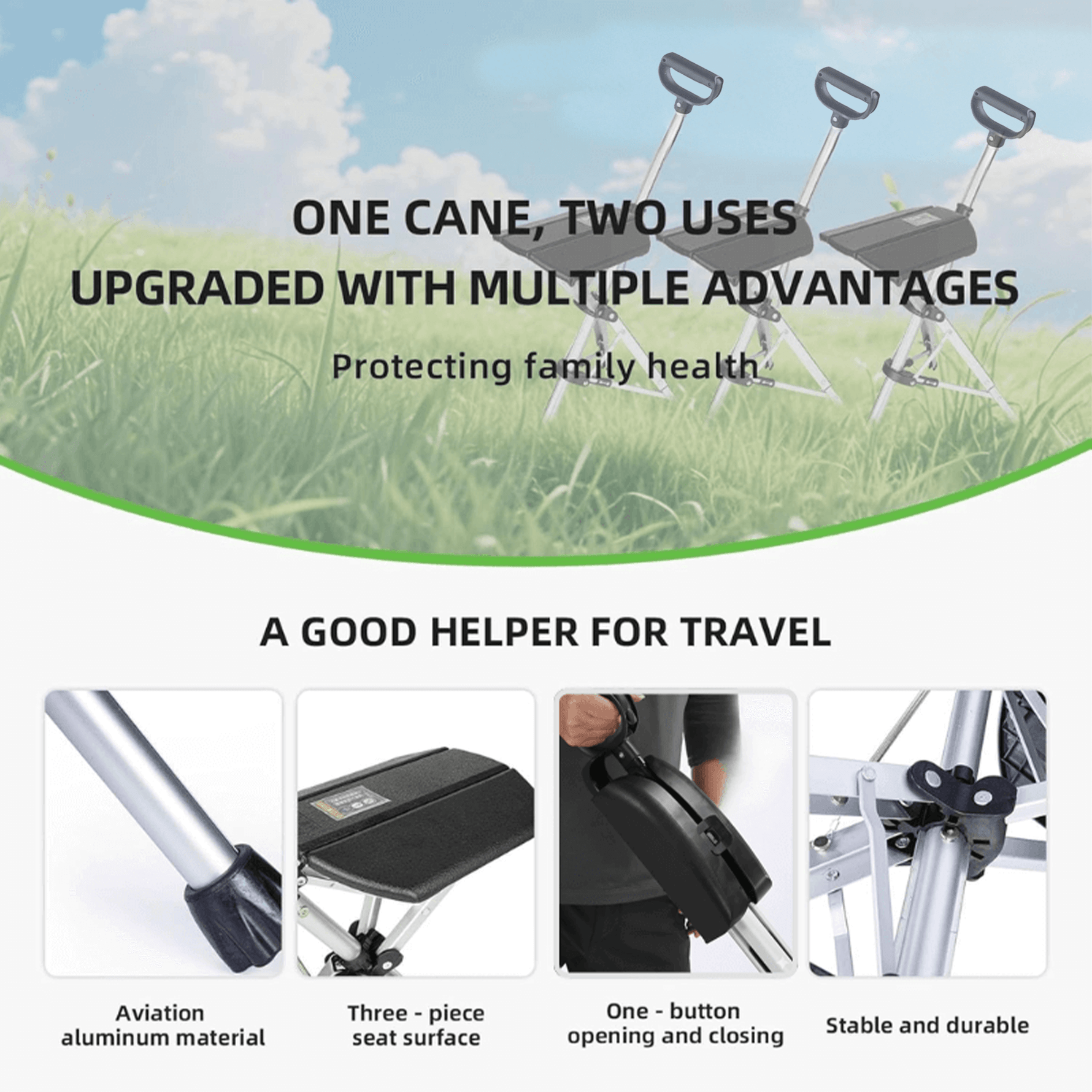 Portable Walking Stick | 2-in-1 Folding Cane with Adjustable Height | Lightweight Aluminum Design for Outdoor Comfort 6