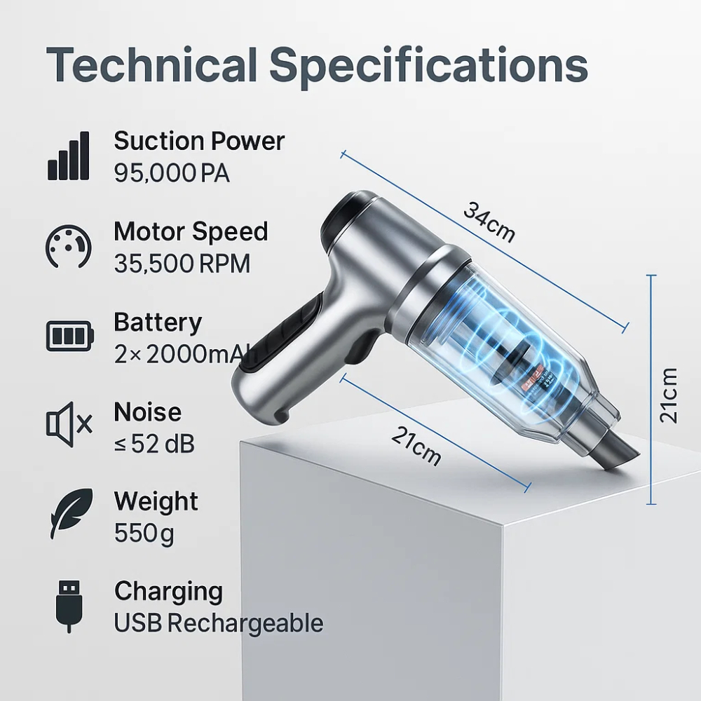 Powerful Cordless Car Vacuum Cleaner with 95,000PA Suction | Compact Design for Quick Cleanups 4