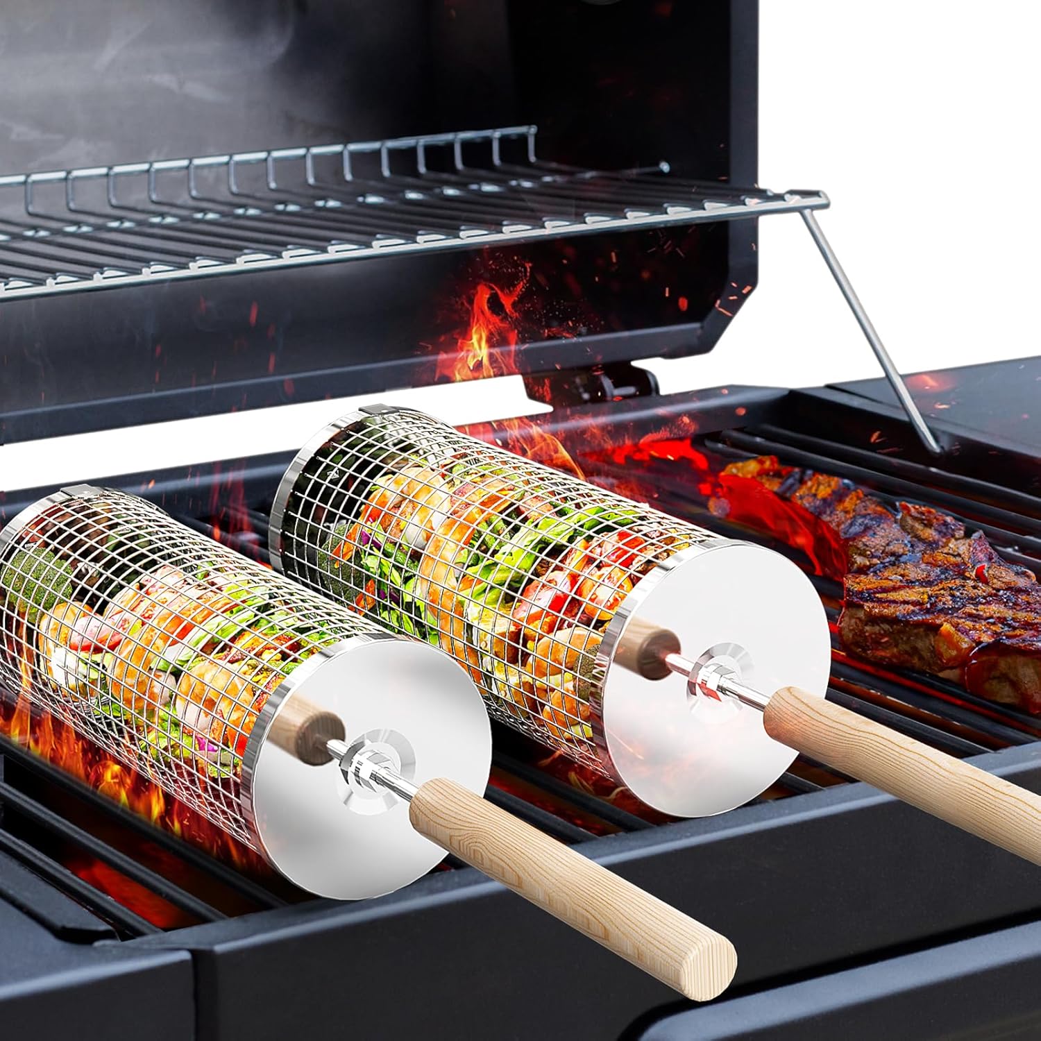 Premium Grill Baskets | Stainless Steel BBQ Tool with Removable Handles | Space-Saving Design for Outdoor Cooking 0