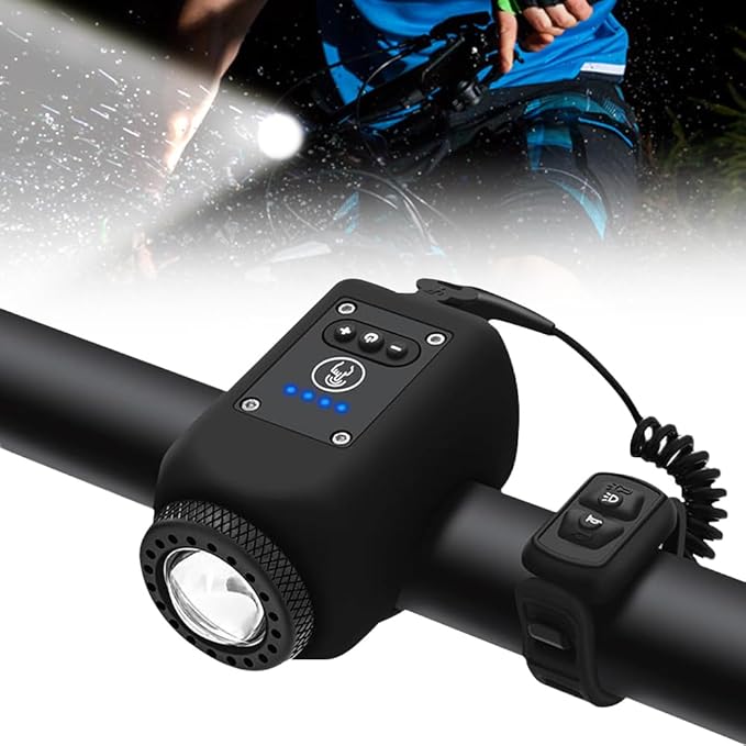 TUZWA Bike Light and Horn, 250 Lumens Rechargeable Bicycle Headlight with 110dB Horn, Wireless Remote, 4 Modes, IPX5, 1200mAh