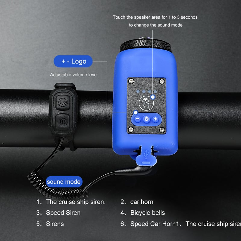 TUZWA Bike Light and Horn, 250 Lumens Rechargeable Bicycle Headlight with 110dB Horn, Wireless Remote, 4 Modes, IPX5, 1200mAh