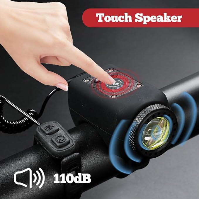 TUZWA Bike Light and Horn, 250 Lumens Rechargeable Bicycle Headlight with 110dB Horn, Wireless Remote, 4 Modes, IPX5, 1200mAh
