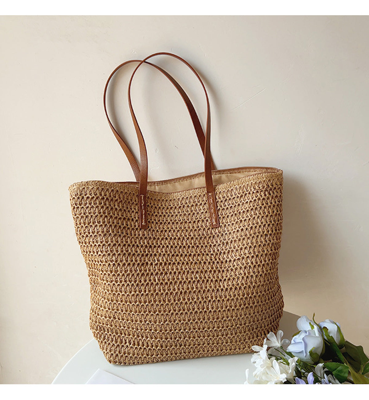 Rattan Woven Tote Bag with Leather Straps | Stylish Beach Bag for Summer Adventures 0