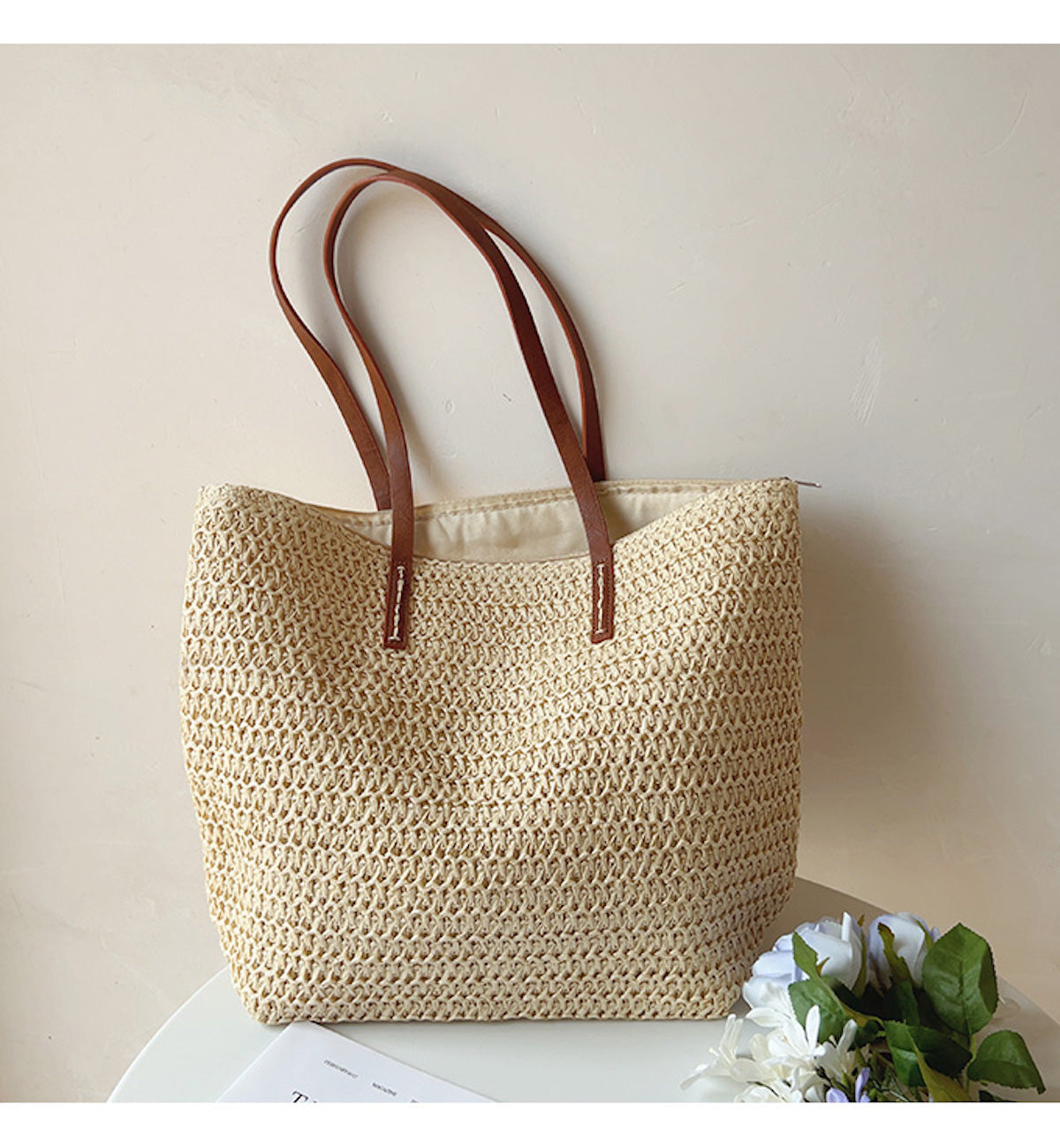 Rattan Woven Tote Bag with Leather Straps | Stylish Beach Bag for Summer Adventures 5