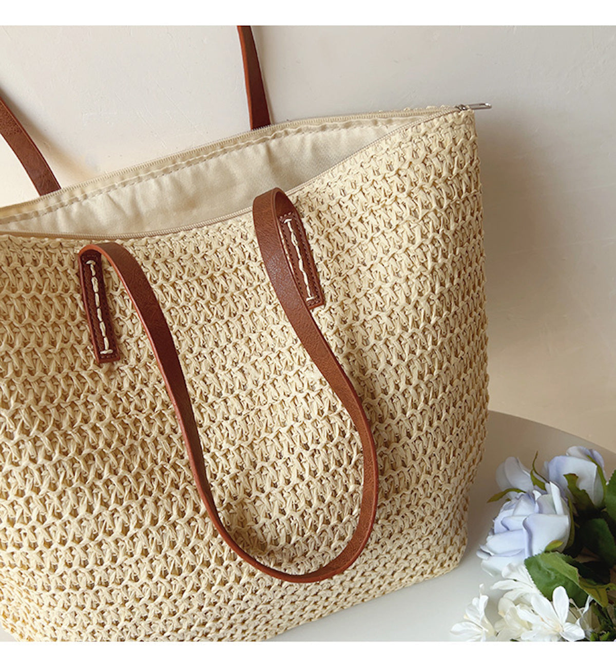 Rattan Woven Tote Bag with Leather Straps | Stylish Beach Bag for Summer Adventures 6