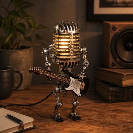 Vintage Metal Microphone Robot Lamp with Guitar, Adjustable Retro Desk Light for Music Room, Studio and Bedroom Decor
