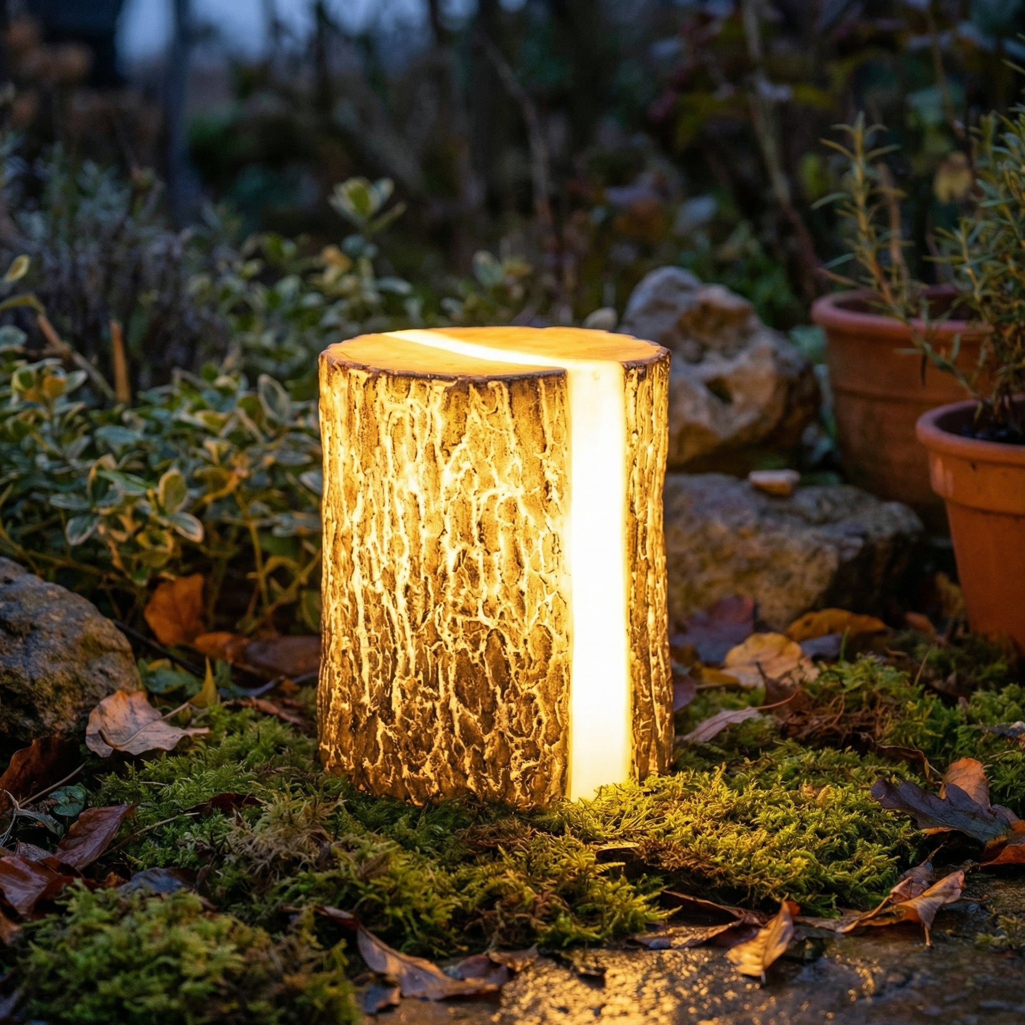 Rustic Garden Light with Warm LED Glow | Natural Wood Stump Design for Cozy Outdoor Ambiance 0