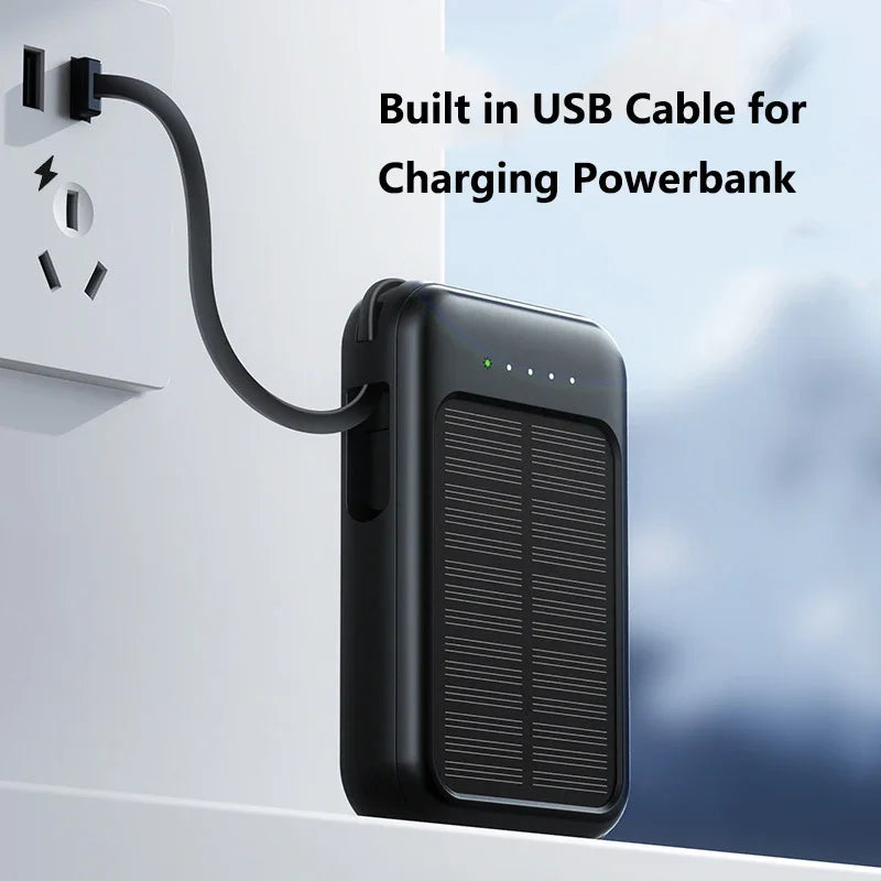 Tuzwa 50000mAh Solar Power Bank – High-Capacity Portable Charger with Built-In Cables, USB-C, Multiple Outputs & LED Flashlight for Smartphones